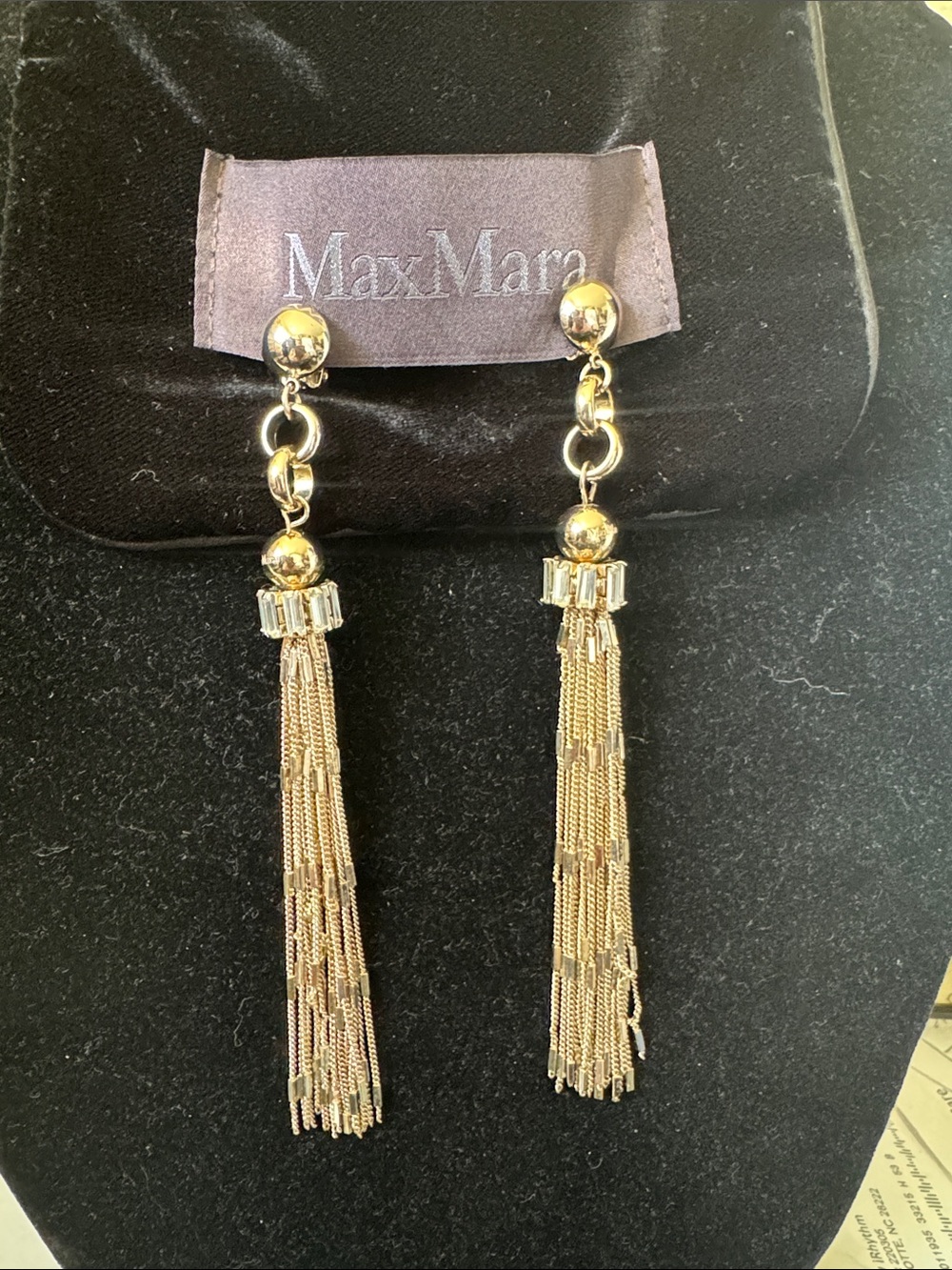 MaxMara Gold Tassel Chain/ Crystal Drop Earrings